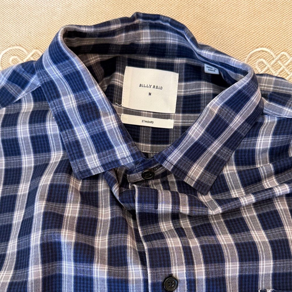 Billy Reid Navy and White Plaid Casual Shirt
